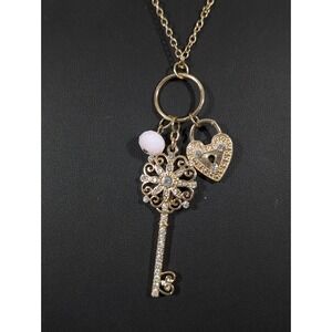 Aeropostale Gold Tone Rhinestone Key Charm Necklace 34" Long